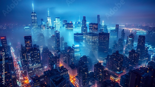 Misty Cityscape At Twilight With Glowing Lights And Skyscrapers