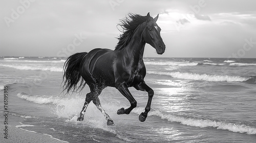 Caballo negro corriendo por la playa © VicPhoto