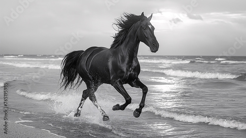 Caballo negro corriendo por la playa