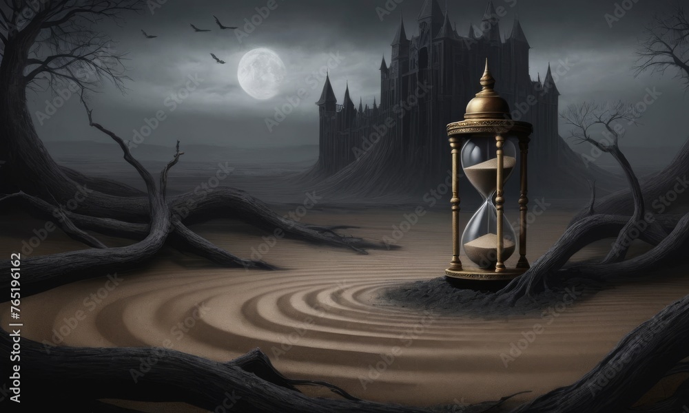 An hourglass stands before a castle on a moonlit night, suggesting timeless tales and enduring legacies. The swirling patterns in the sand beneath it whisper of ancient stories untold.