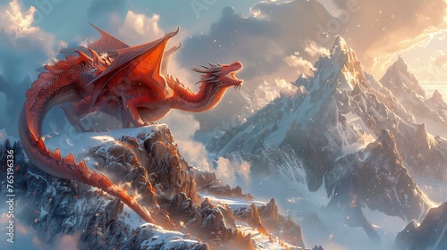 Red dragon is flying over a snowy mountain range. The dragon is the main focus of the image, and it is in a state of flight, soaring over the mountains. Concept of adventure and wonder