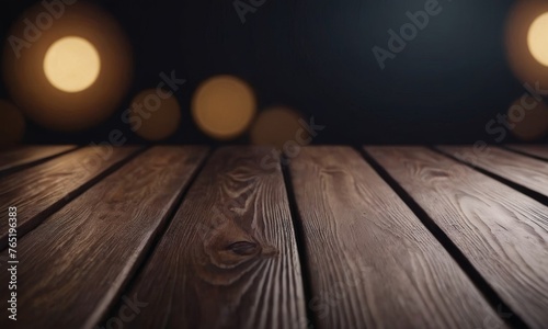 The dark tones of a wooden table are illuminated by soft bokeh lights, providing a mysterious yet inviting setting. The depth of the bokeh contrasts with the rich wood grain, creating an enchanting