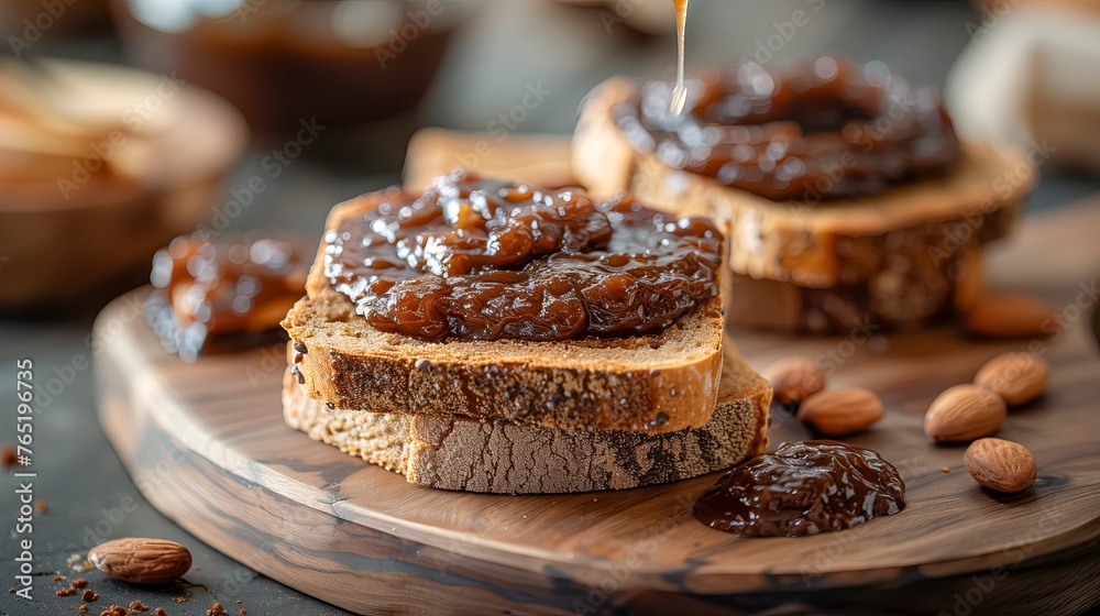 An Apple butter sandwich sits on a cutting board, showcasing a blend of creamy spread and fruity jam.