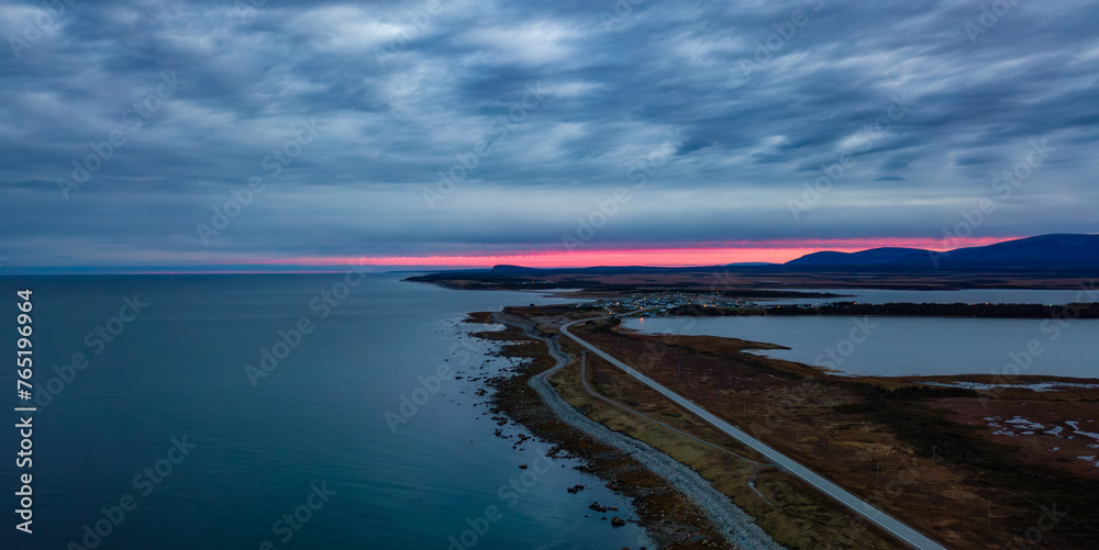 Coast on East Coast of Atlantic Ocean. Aerial Nature Background. Sunrise Sky. Coast on East Coast of Atlantic Ocean. Aerial Nature Background. Sunrise Sky.