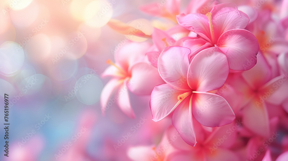 Tropical Pink Frangipani Flower Lei Garland Close Up. Traditional Hawaiian Symbol For First May Festival. Lei Day Celebration In Hawaii Background - obrazy, fototapety, plakaty 