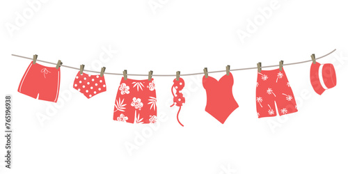 Red swimsuits and swimming trunks hanging on a clothesline. Beautiful swim wear dry on clothespins after swimming. Summer vector illustration in red colors