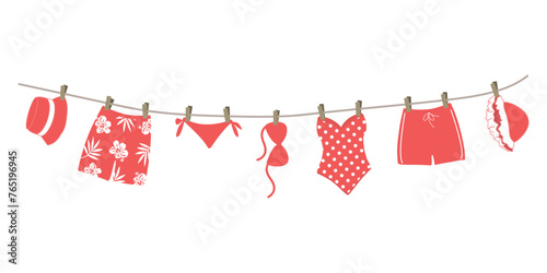 Red swimsuits and swimming trunks hanging on a clothesline. Beautiful swim wear dry on clothespins after swimming. Summer vector illustration in red colors