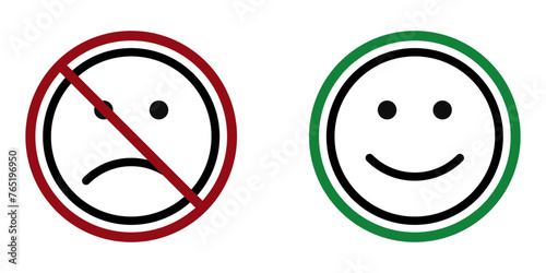 happy and sad face ban prohibit icon. Not allowed emoticons . Forbidden to be happy and sad