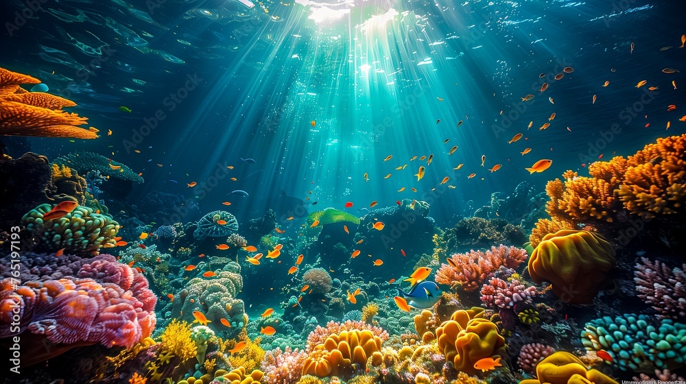 Obraz premium Sunbeams Illuminate Colorful Fish And Coral Underwater