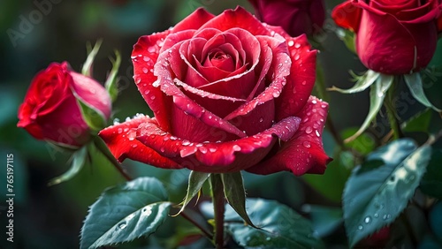 Dark Red Rose With Raindrops Against Green Foliage.Raindrop Adorned Rouge.