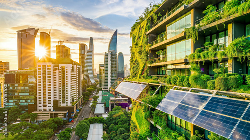 Eco-friendly buildings with greenery and solar panels in modern cityscape 
