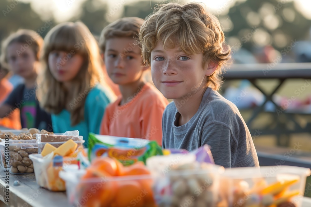 Group of happy children enjoying healthy snacks at a local sports practice, fostering teamwork and nutrition Group of happy children enjoying healthy snacks at a local sports practice, fostering teamwork and nutrition
