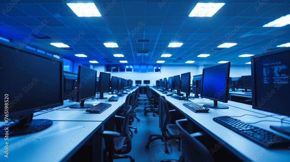 An image showcasing a computer lab with rows of computers neatly placed