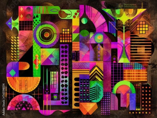 A digital art collage of various geometric patterns and shapes  arranged in an abstract composition on a dark brown background of glitchpunk aesthetics Generative AI