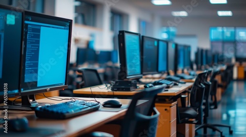 An image showcasing a computer lab with rows of computers neatly placed