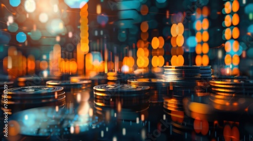 A visually compelling double exposure image blending the upward trend of a financial graph with rows of coins © Chingiz