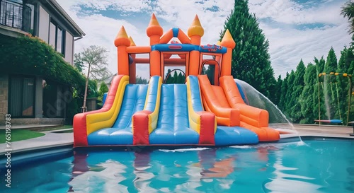 Fun-filled Adventures: Inflatable Bounce House Water Slide for Backyard, Colorful Bouncy Castle Slide Creating Joyful Playground for Children with Splashing Water Fun
 photo