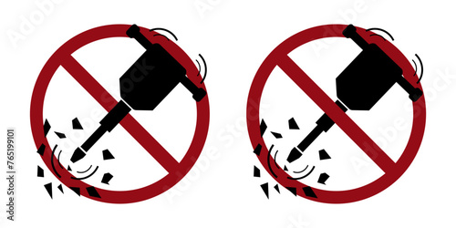 loud noise ban prohibit icon. Not allowed jack hammer. Forbidden loud working