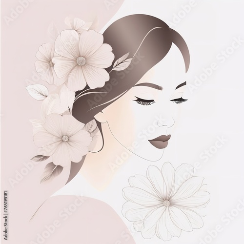 Abstract female face in one line. Woman face with flowers Surreal Line art female floral girl. Minimalism Abstract modern Continuous single line woman face portrait 