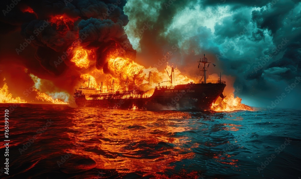 A burning oil tanker in the ocean - obrazy, fototapety, plakaty 