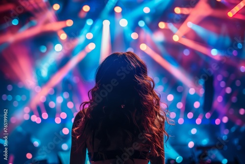 Excited performer backstage gazing at the vibrant Eurovision stage encapsulating the anticipation and glamour of the event