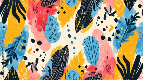 Vibrant pattern featuring leaves in black  pink  blue  and yellow colors creating a striking visual display.