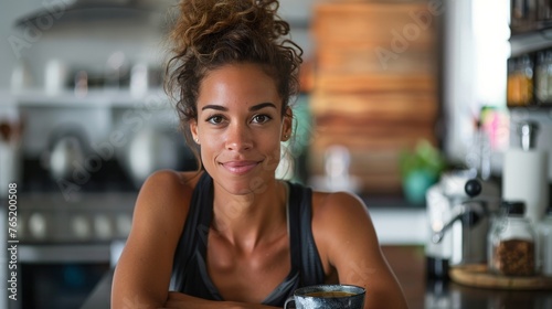 athletic woman in stylish activewear, in her kitchen with a cup of coffee, copy space