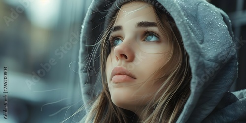 Teenage girl in hoodie looks contemplative in urban setting reflecting on emotional burdens she carries. Concept Portrait Photography, Urban Lifestyle, Emotions, Teenage Girl, Contemplation