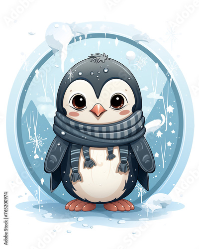 A rosy-cheeked penguin in a cozy sweater, sipping hot cocoa, surrounded by snowflakes сreated with Generative Ai