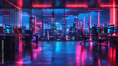 Modern neon cyberpunk open space office interior blurred with information technology overlay 