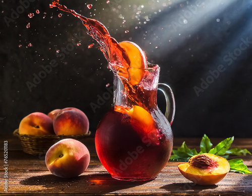Splash of a peach in a jug of red wine, on brown wooden table; dark background; direc sun