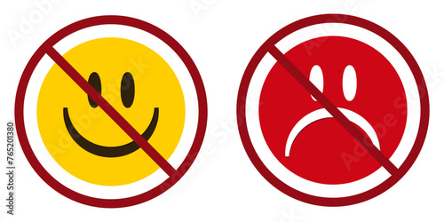 happy and sad face ban prohibit icon. Not allowed emoticons . Forbidden to be happy and sad