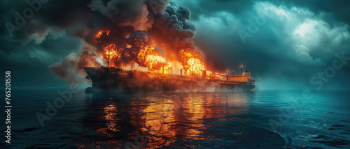 A burning oil tanker in the ocean © piai