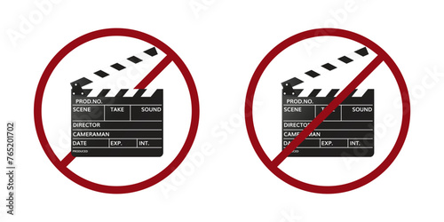 film clap board ban prohibit icon. Not allowed filming. Forbidden video recording