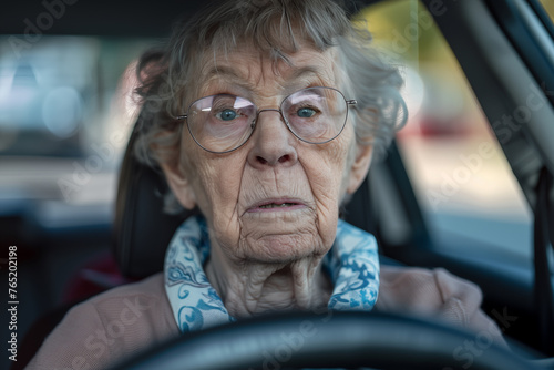 senior citizen caucasian woman wearing glasses driving a car with a confused look on her face, concept of old age driving and dementia or poor eyesight photo