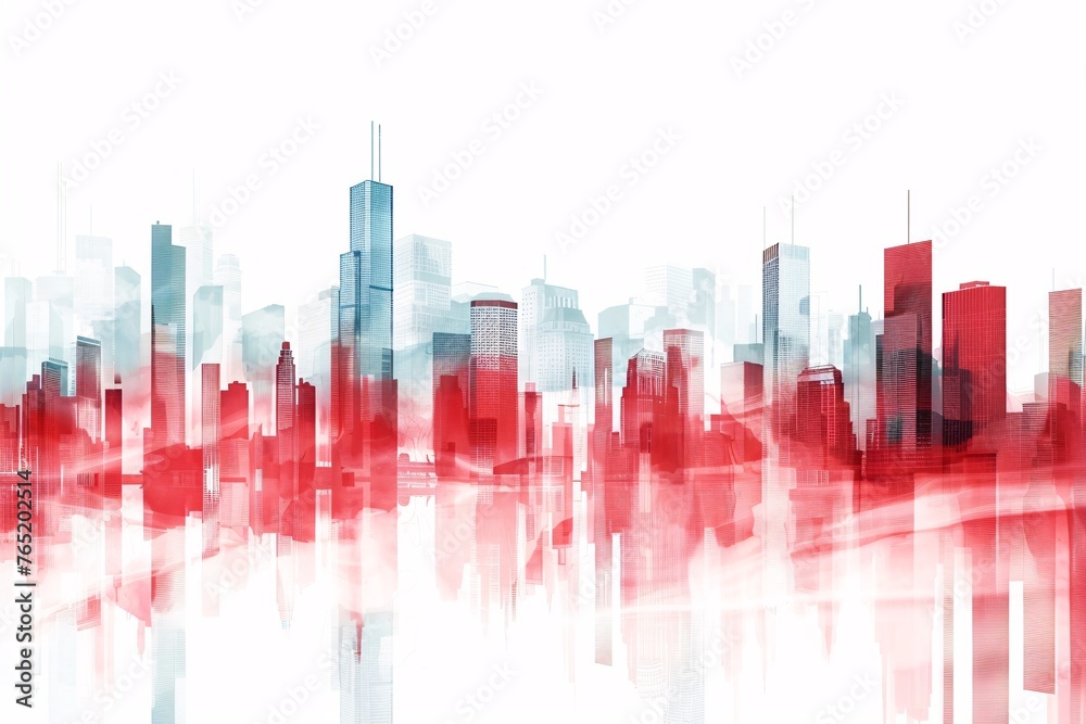a city skyline with red and blue buildings