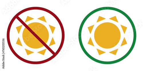 sun ban prohibit icon. Not allowed hot sun. Forbidden to sunbathe