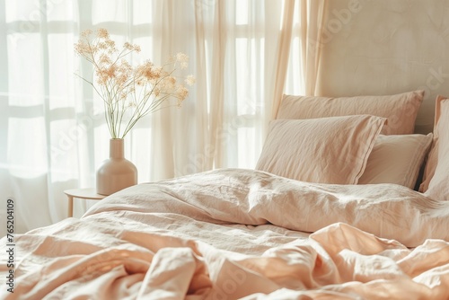 A cozy bedroom with a bed dressed in soft peach fuzz, a bedroom with cool decoration, a bedroom interior, a bedroom and decorative bed, comfortable bedroom and bed