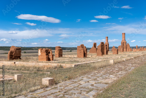 Fort Union National Monument in New Mexico. Preserves fort's adobe ruins along Santa Fe Trail. Depot Officers quarters and offices. Quartermaster, commissary and clerk. Porch pillars and walkway. photo