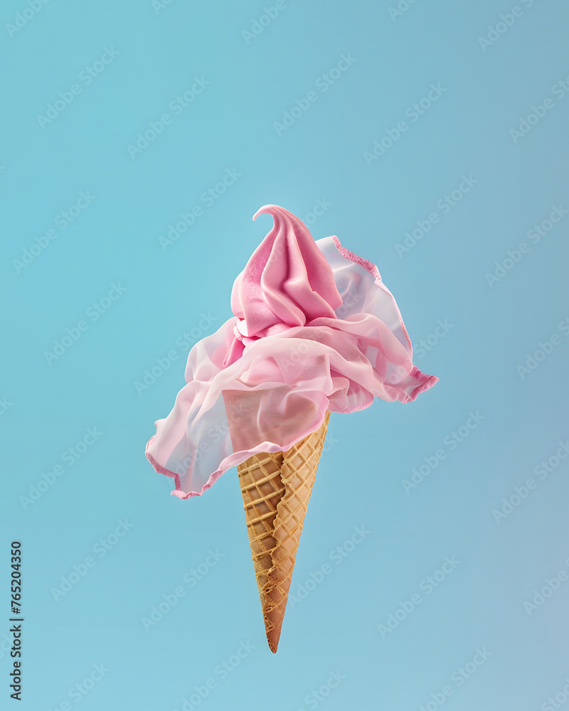 Ice cream of fruit cream and light transparent silky fabric, creative summer holiday composition, refreshing flavor. Ice cream of fruit cream and light transparent silky fabric, creative summer holiday composition, refreshing flavor.