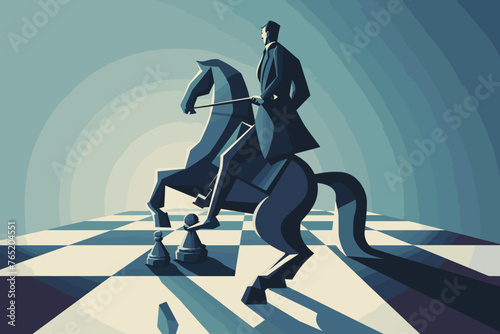 Outmaneuvering the Competition: Businessman Riding Chess Knight, Strategizing to Capture Market Share photo