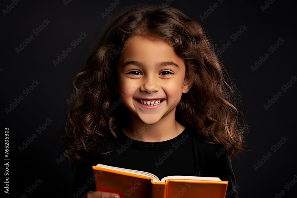 Photo of optimistic happy little girl hold read book study wear pullover isolated on black color background - generative ai Photo of optimistic happy little girl hold read book study wear pullover isolated on black color background - generative ai
