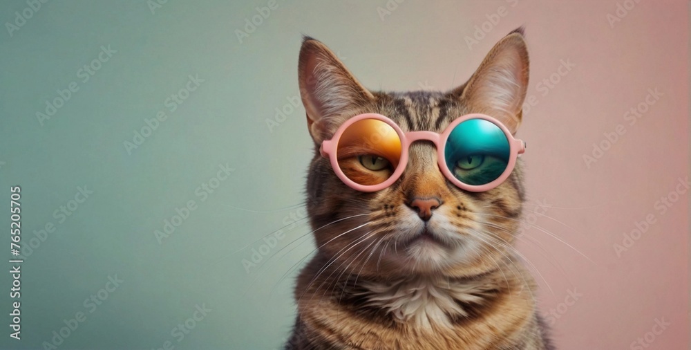 Cute cat in sunglasses isolated on a color background.