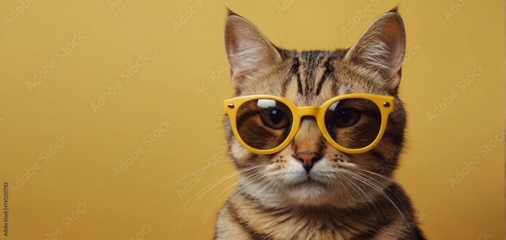 Cat in sunglasses on yellow background
