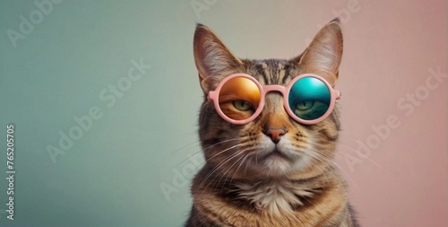 Cute cat in sunglasses isolated on a color background.