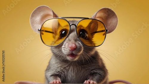 Mouse in sunglasses on yellow background