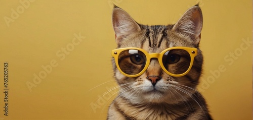 Cat in sunglasses on yellow background © mischenko