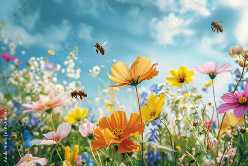 Bees Pollinating in Flower Haven © spyrakot