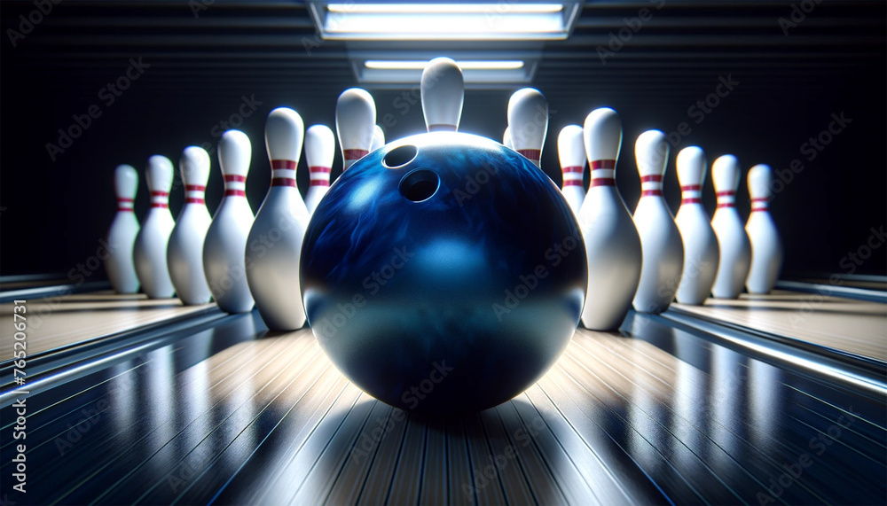 A glossy bowling ball as it hits the front pin in a bowling alley. The image emphasizes the explosive impact and scattering of the pins. - obrazy, fototapety, plakaty 