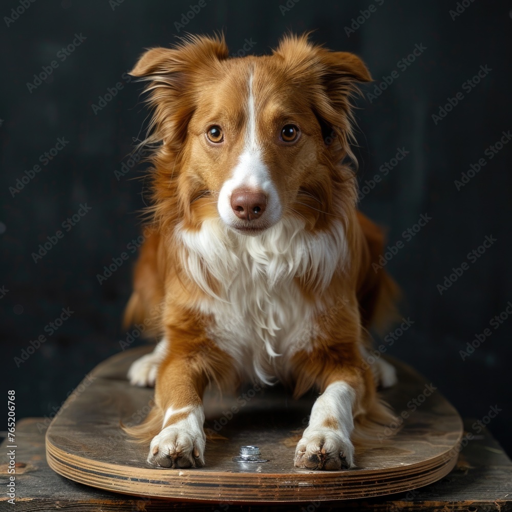 A dog on a balance board, concentrating. canine balance training